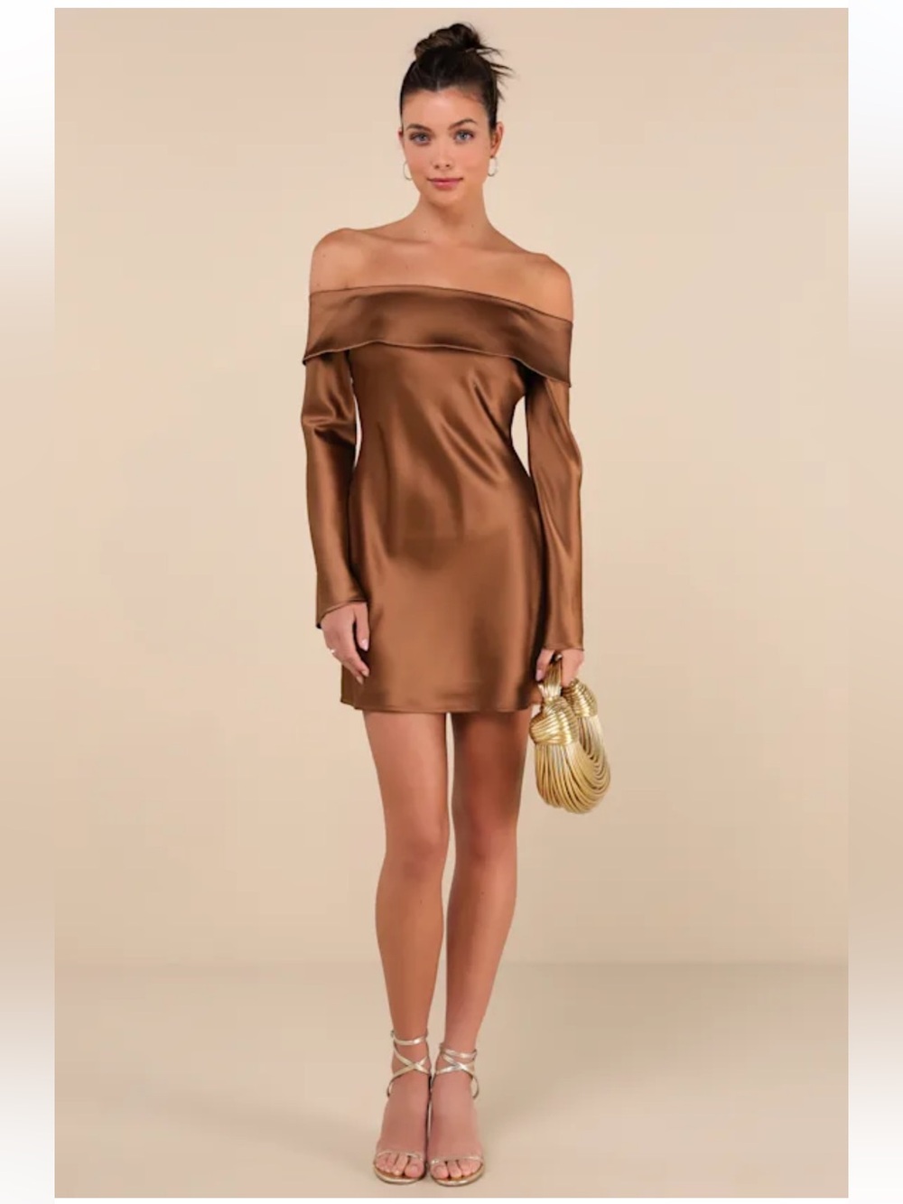 Lulu's Satin Off-Shoulder Mini Dress in Bronze